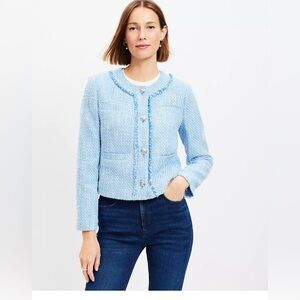 LOFT PETITE Women's Fringe Tweed Jacket in Blue Mist